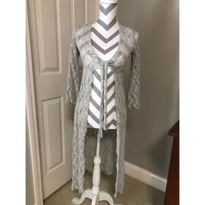 CAbi pale gray long lace duster